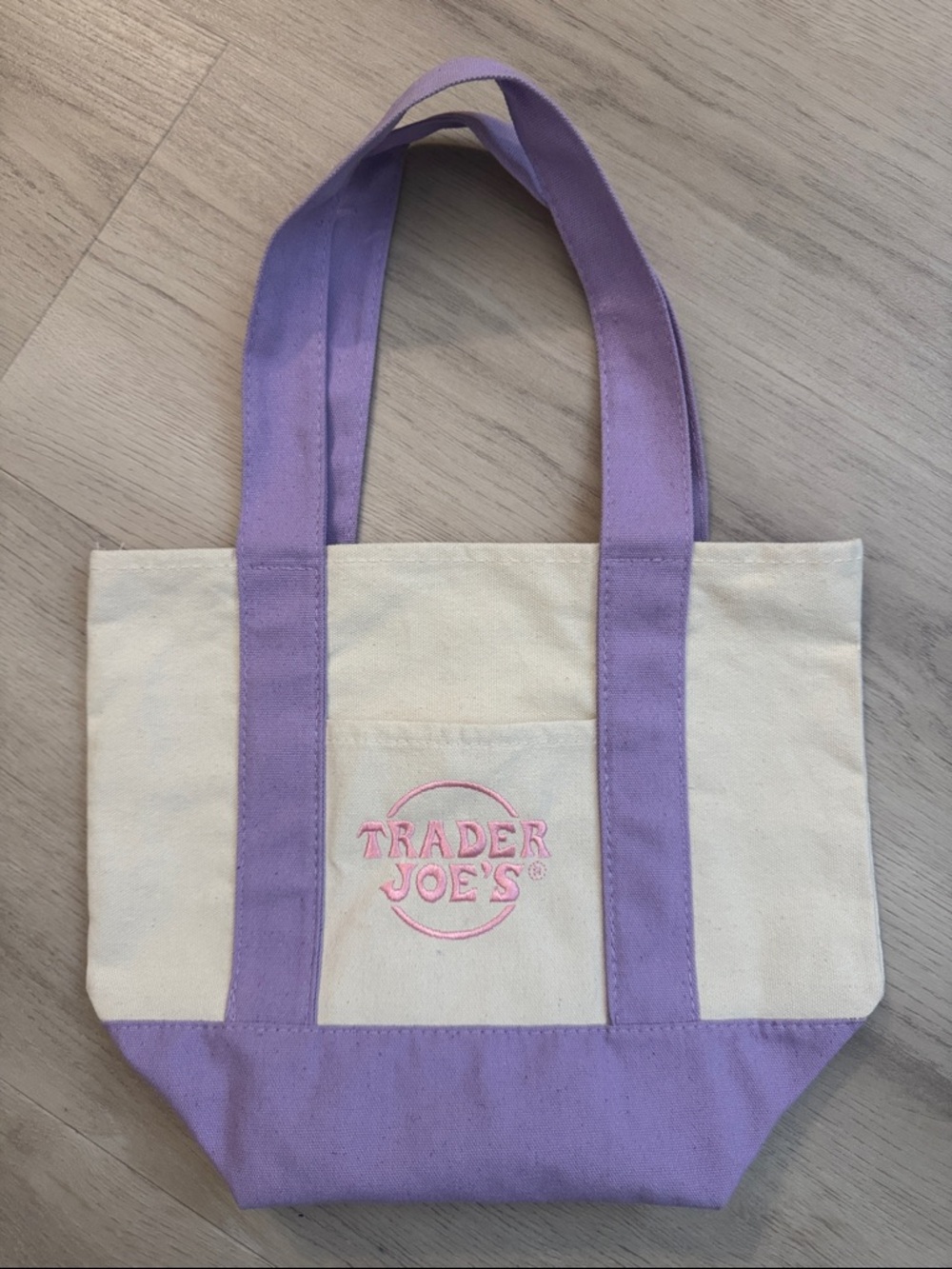 Trader Joe's mini Cream Canvas Tote with Lavender Accents
